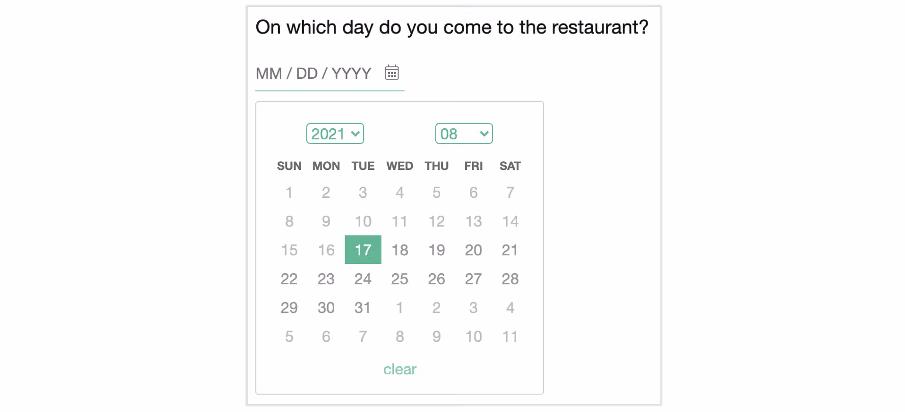 Example showing clickable dates automatically limited to 8/17 through 8/24 based on relative date