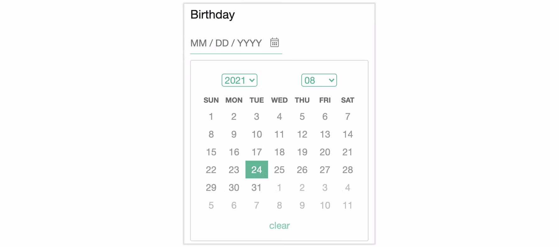 Date question response screen showing a small calendar for selecting the date, year, and month