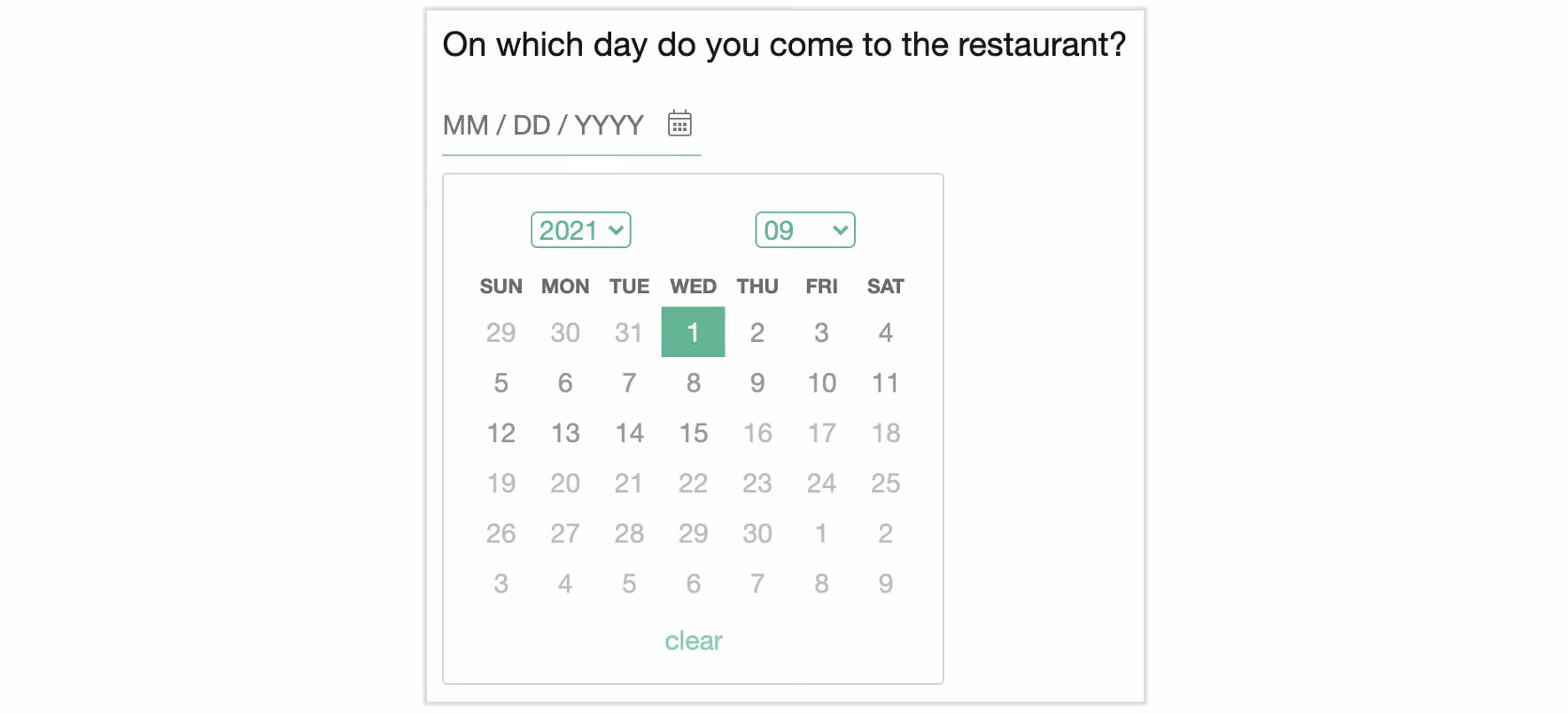 Survey response page showing the calendar limited to the specified date interval