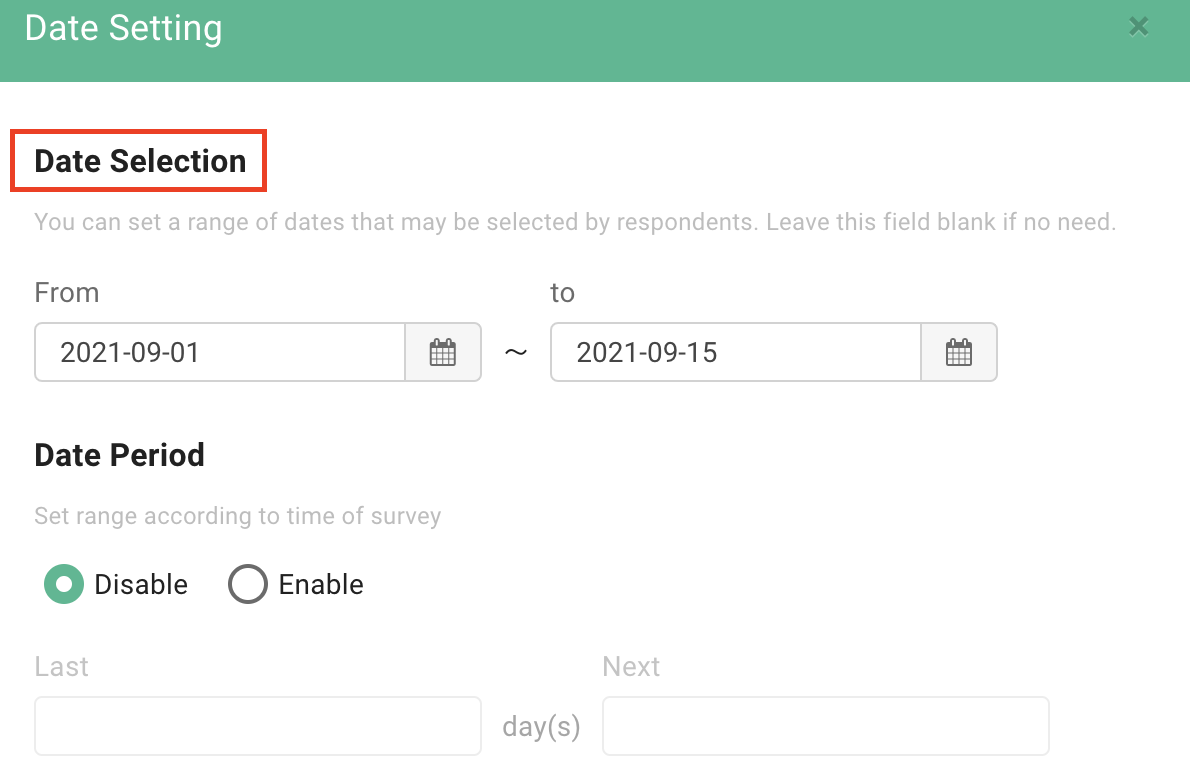Specific date setting with a date range from 9/1 to 9/15 configured