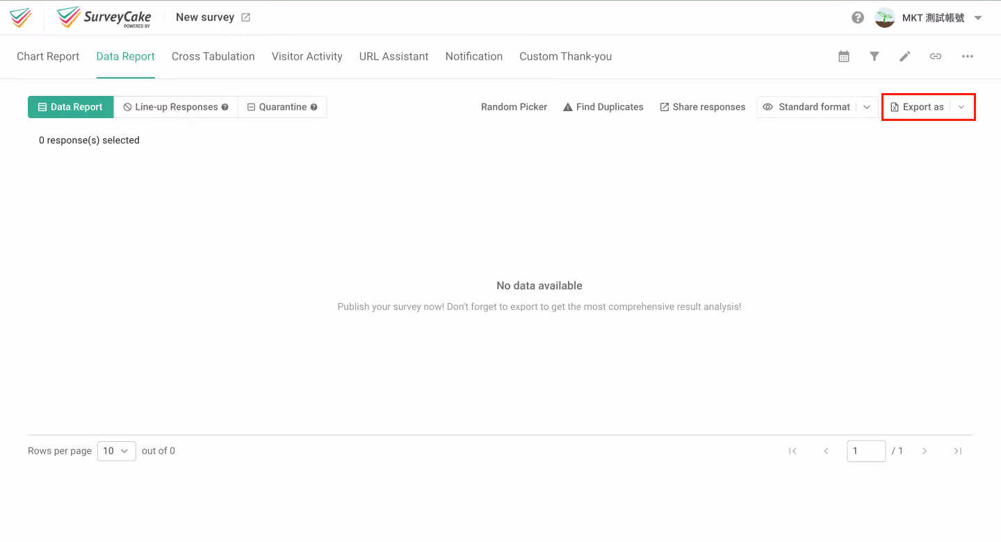 Export as button clicked at the top right of the Data Report page