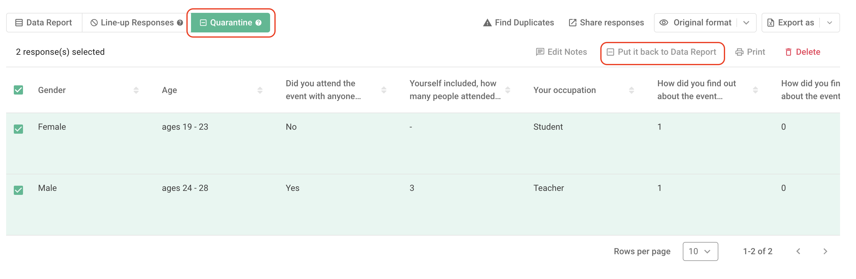 Print feature displaying a single survey response in a vertical form layout