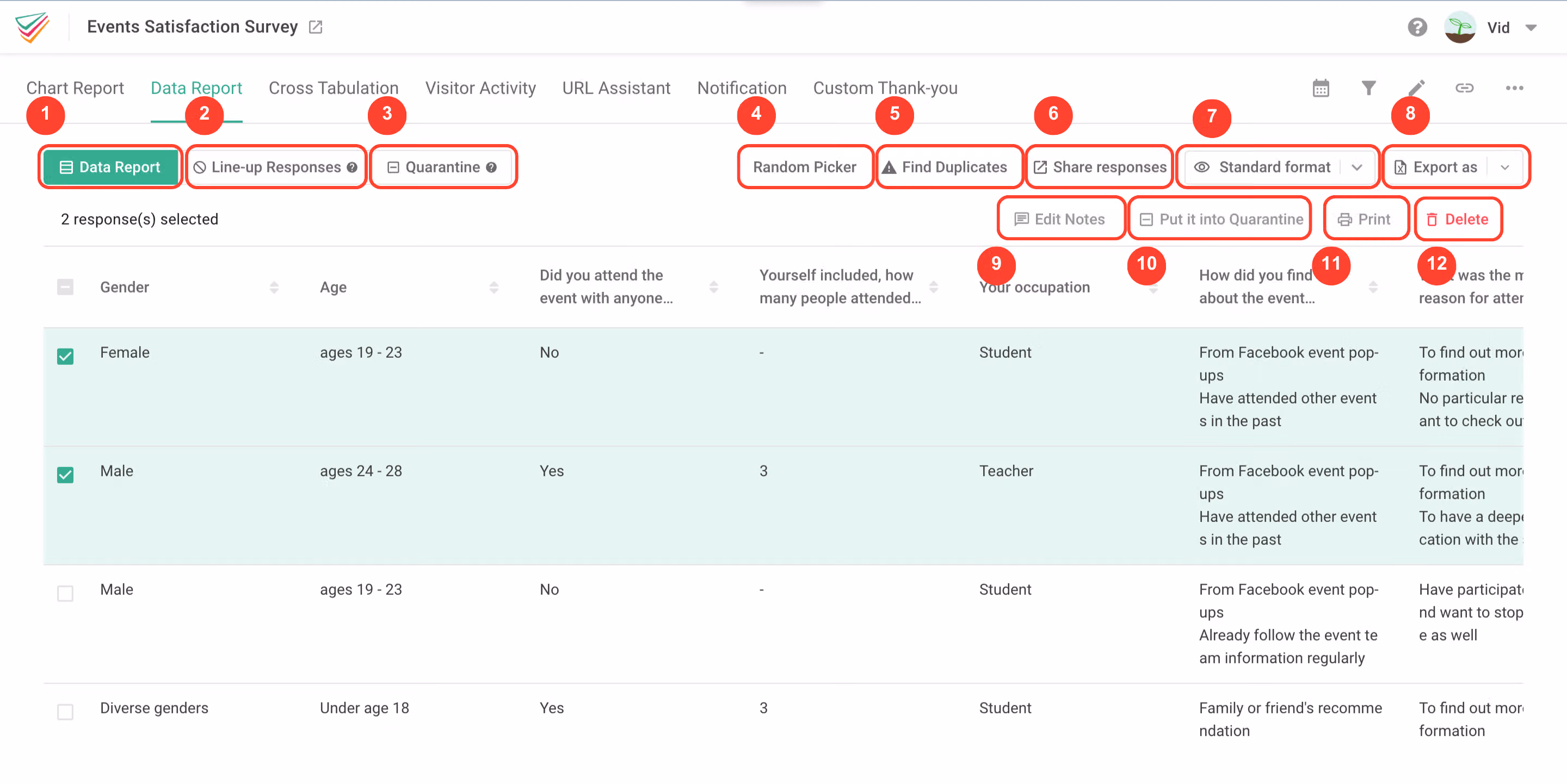Data format selection showing Standard Format, SPSS Format, or Original Format options