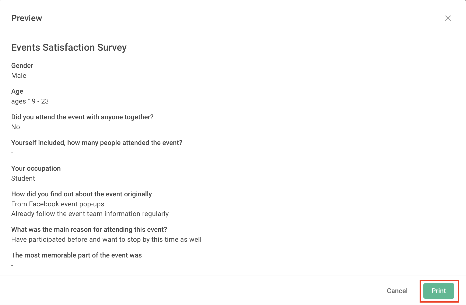 PDF file generated from the print feature showing the complete response details
