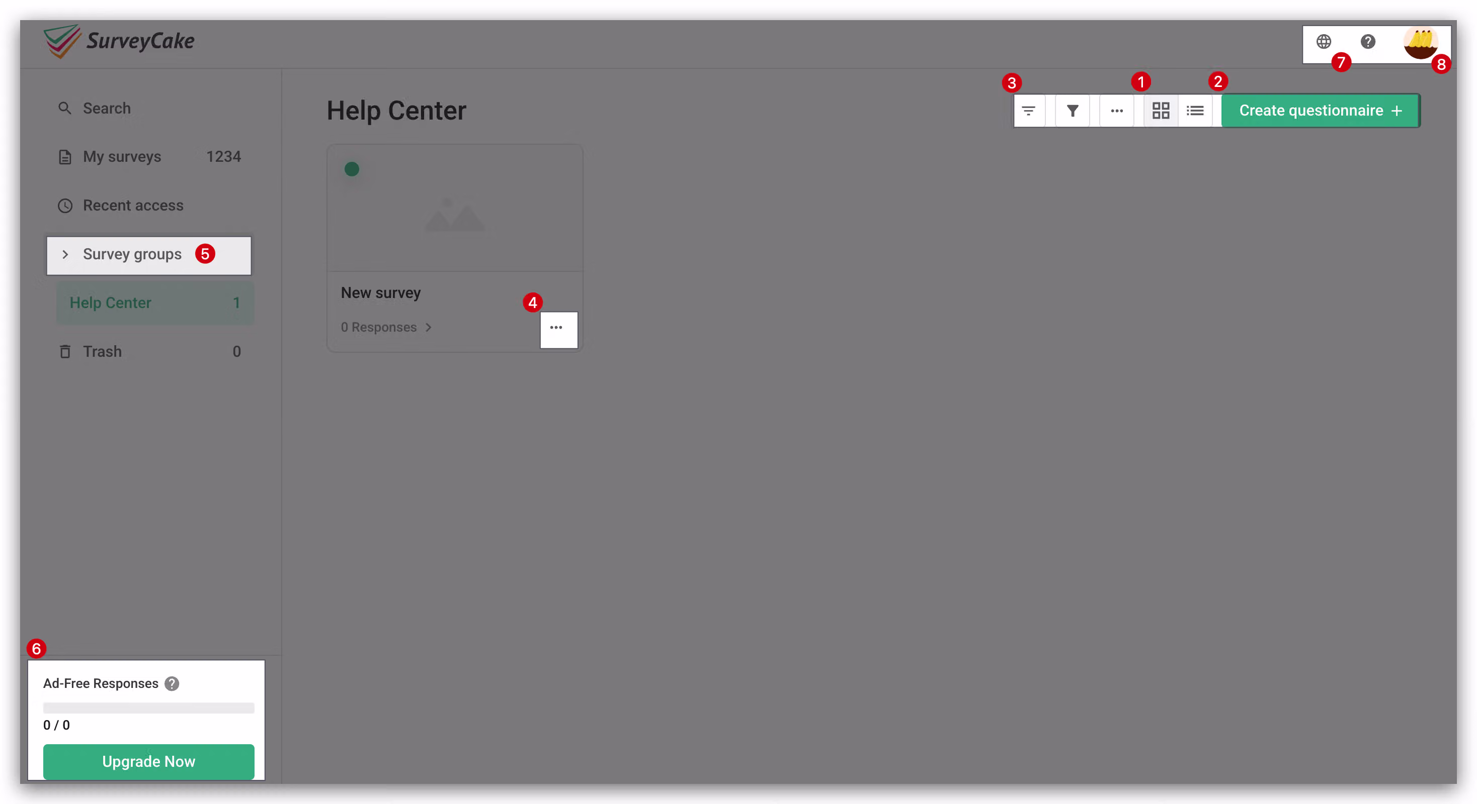 Survey dashboard overview showing all created surveys and each one's response count