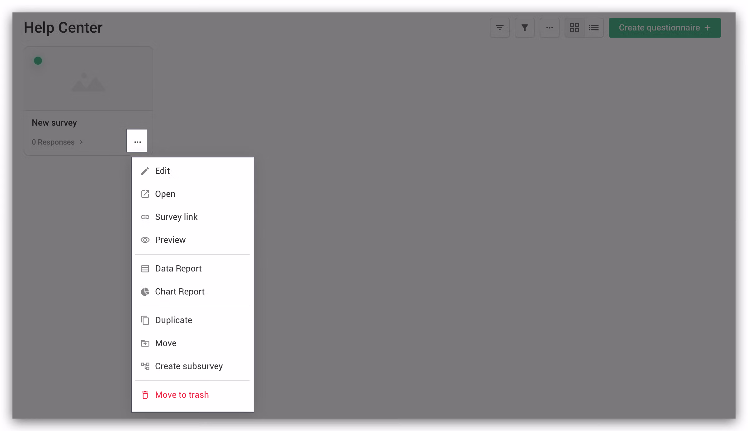 Quick Links menu opened by clicking the ... button at the bottom right of a survey card