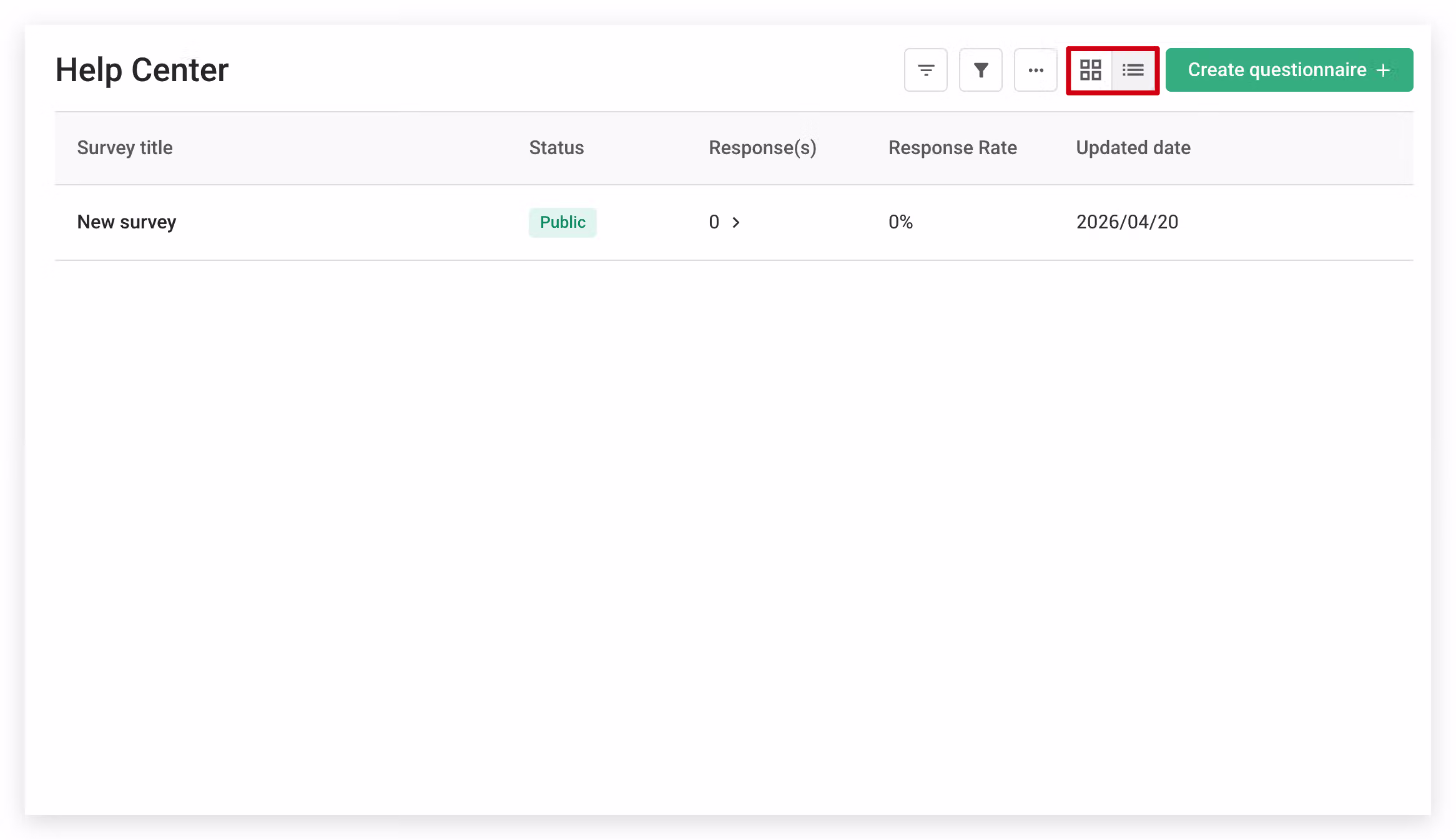 Survey dashboard shown in List View after toggling from Card View