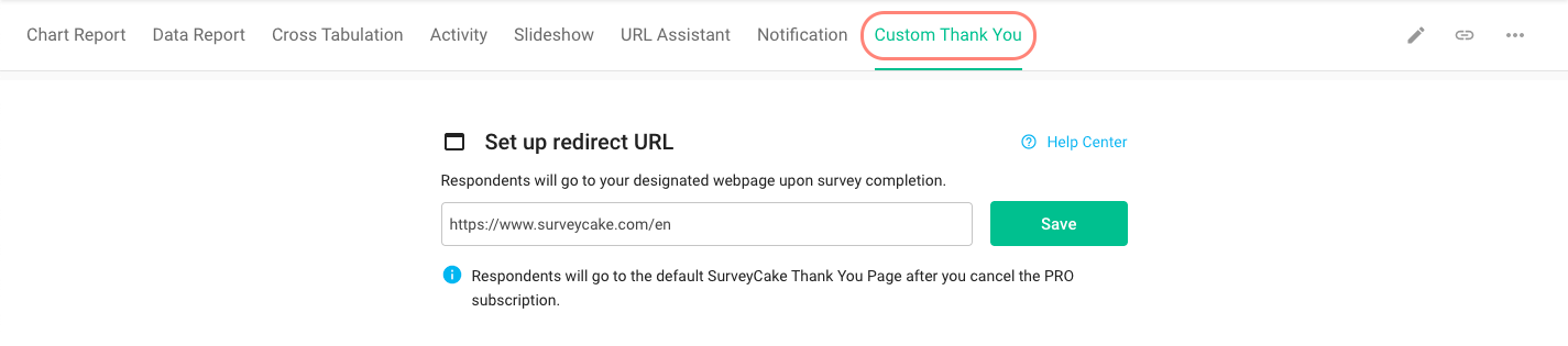 Custom Thank-you Page field with the SurveyCake official website URL entered and the Save button clicked