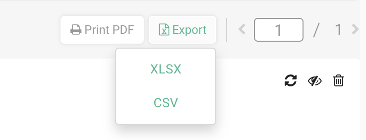 Print PDF and Export buttons in the upper-left corner for exporting the cross tabulation as XLSX or CSV