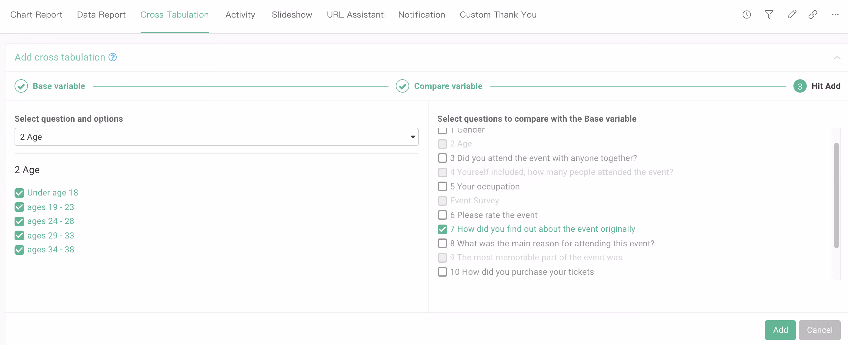 Base variable options selected, showing all age groups chosen for the cross tabulation