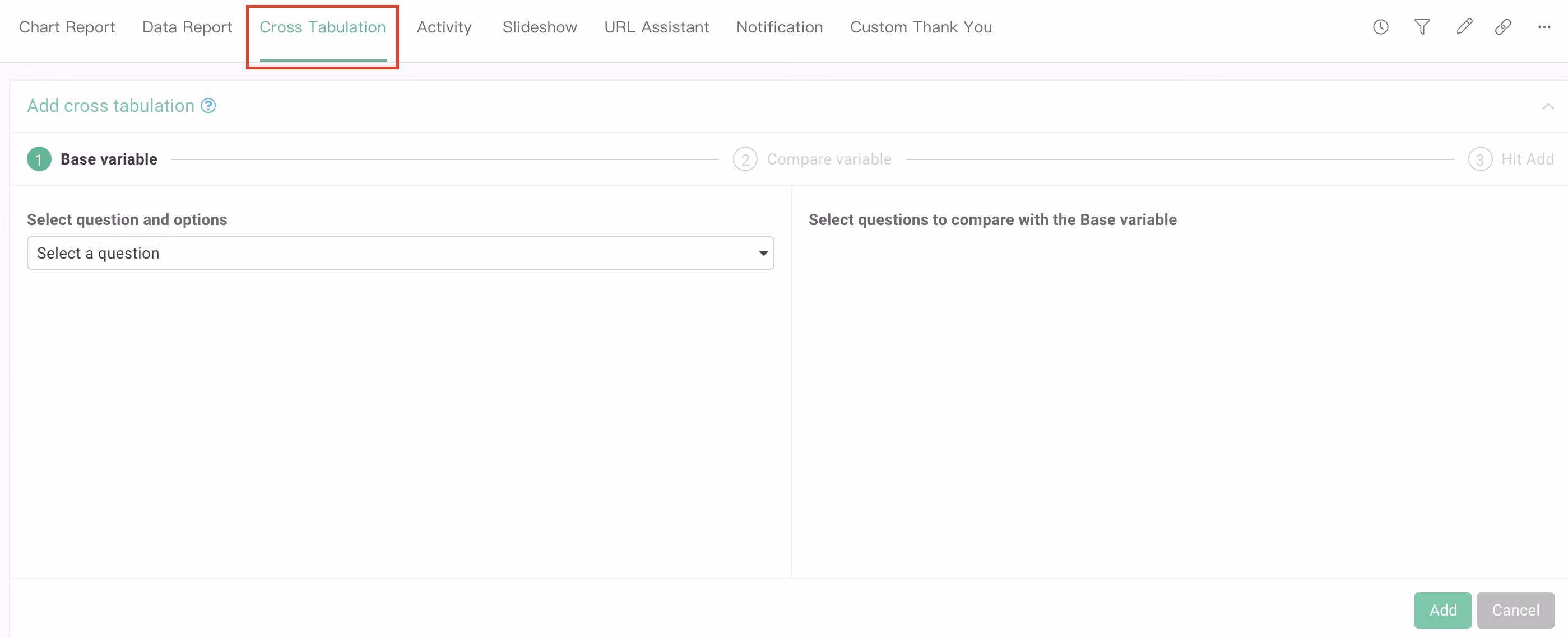 Cross Tabulation setup selecting the Base variable and Compare variable questions