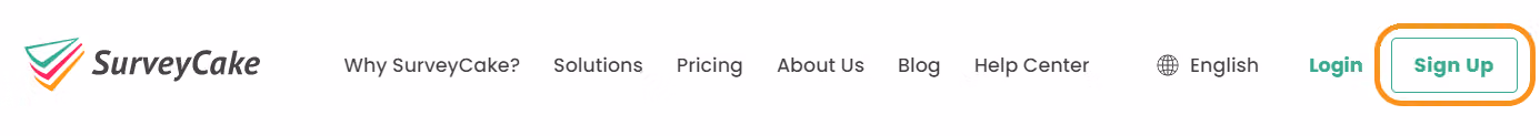 Sign Up button in the upper-right corner of the SurveyCake homepage