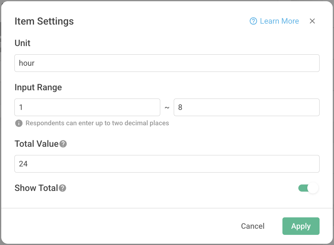 Constant Sum item settings for unit, input range, total value validation, and Show Total display