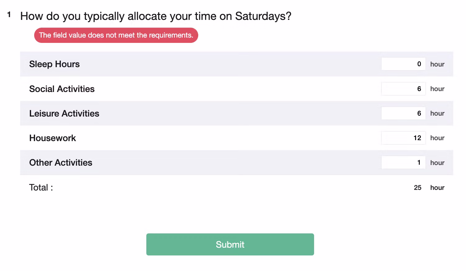 Survey response page showing a red warning message when the Constant Sum values do not meet requirements