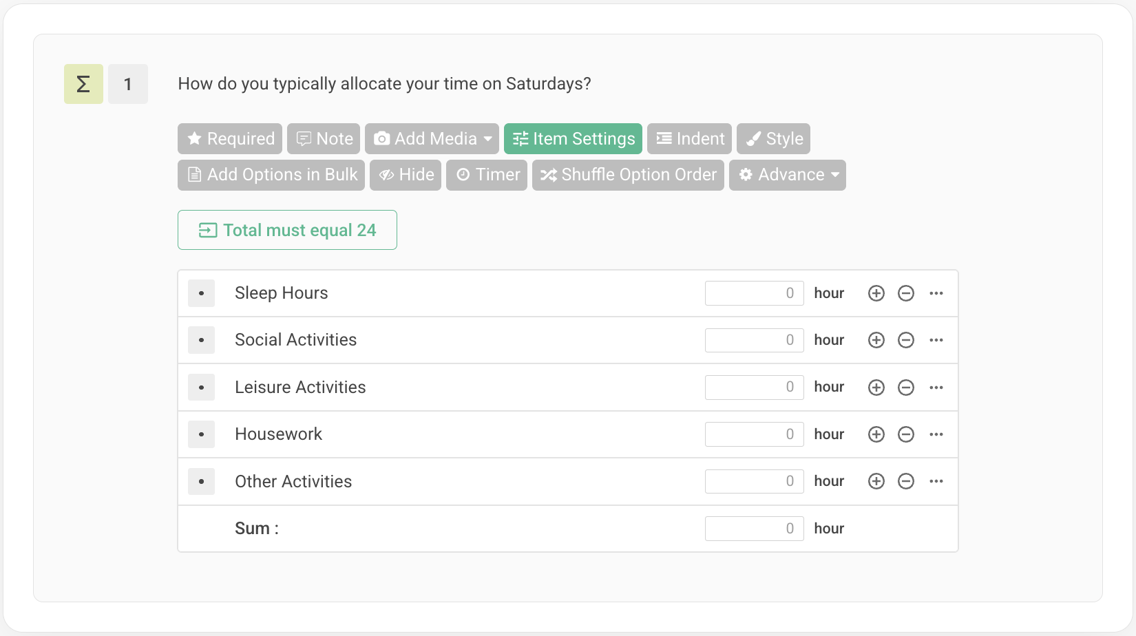 Options being added to the Constant Sum question, such as Sleep Hours, Social Activities, and Leisure Activities