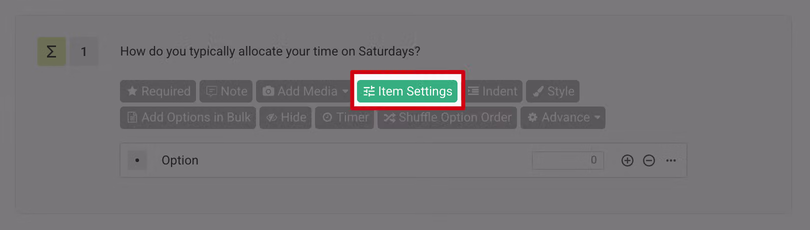 Constant Sum question editor showing the Item Settings button being clicked in the function bar