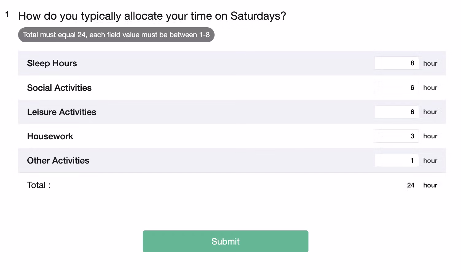 Survey response page where the Constant Sum question is filled in correctly and submitted successfully