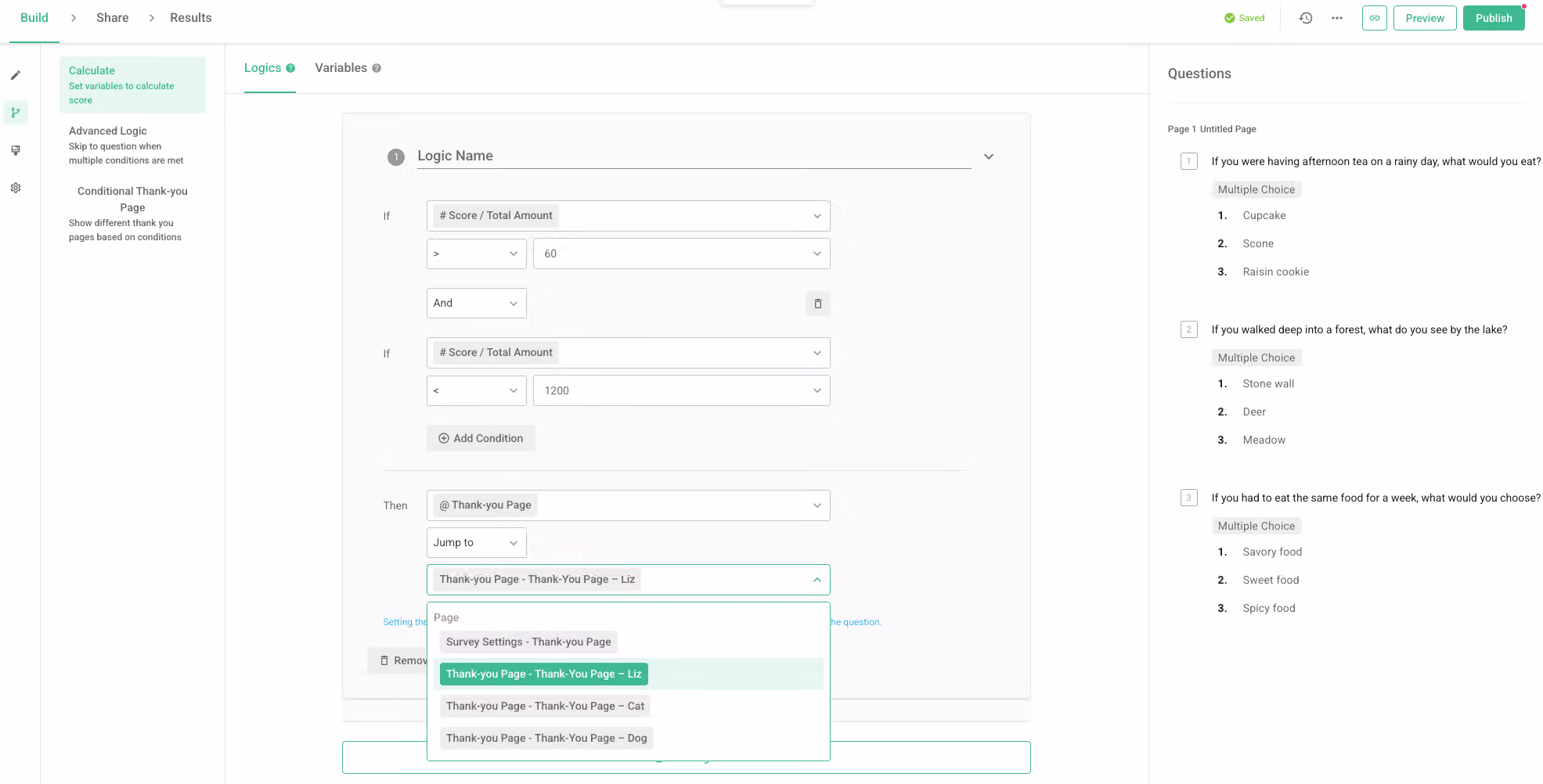 Logic settings pairing a specific test result condition with its corresponding thank-you page