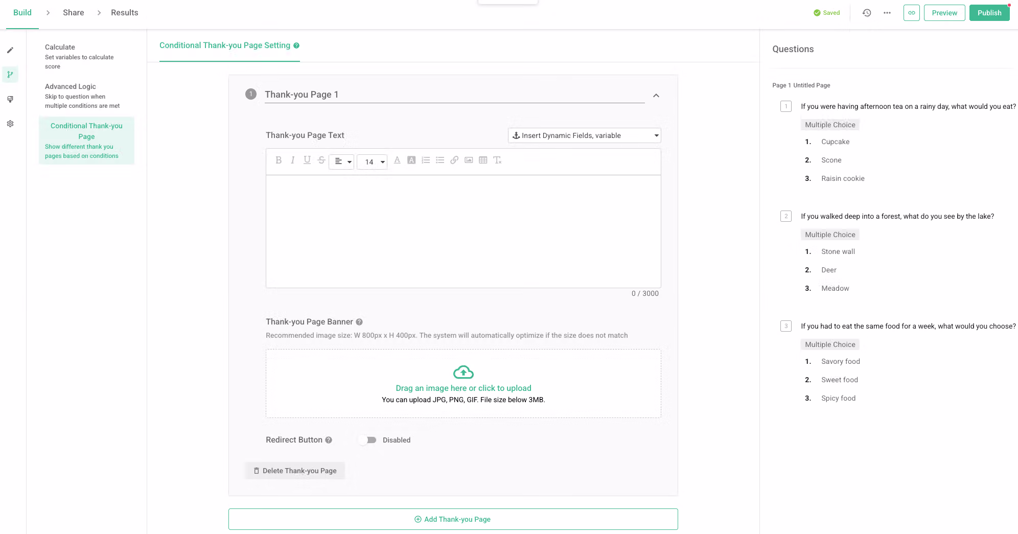 Third tab 'Conditional Thank-you Page Setting' clicked to begin customizing the thank-you page