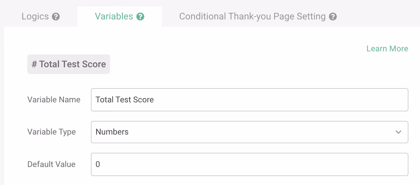 Variable Settings panel showing the Default field used as the starting value for calculations