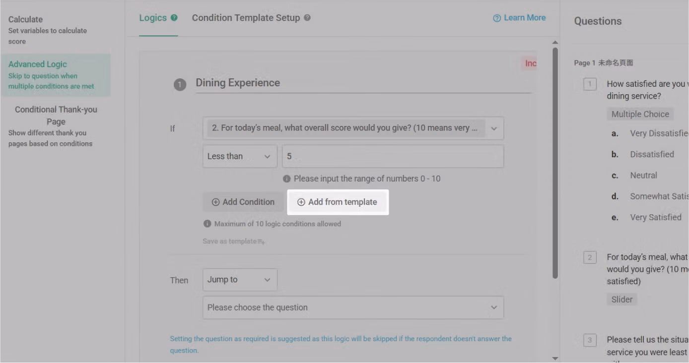 Conditional template automatically saved after setting the question, comparison operator, and options