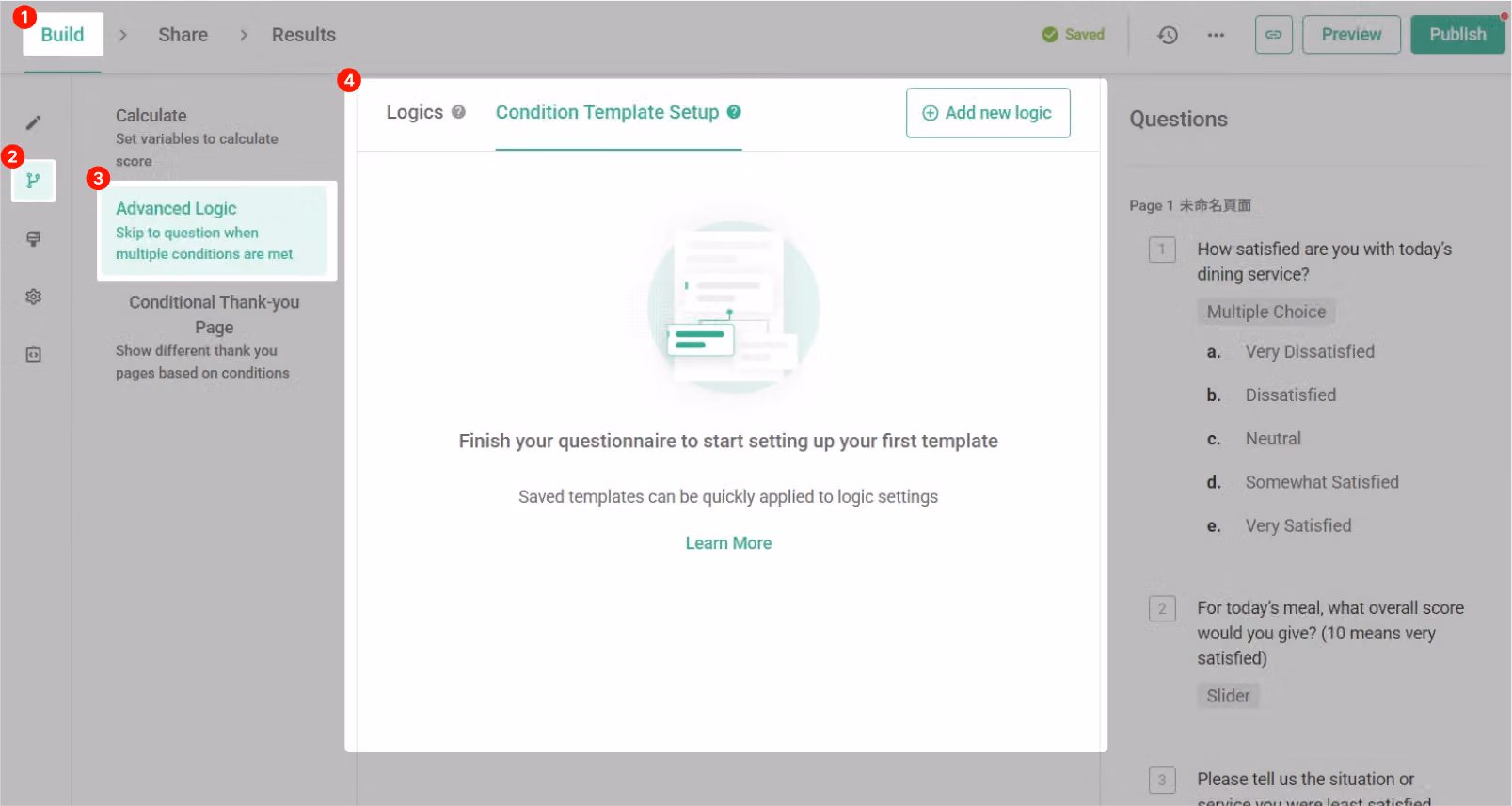 Advanced Logic clicked on the question edit page to open Conditional Template Setup