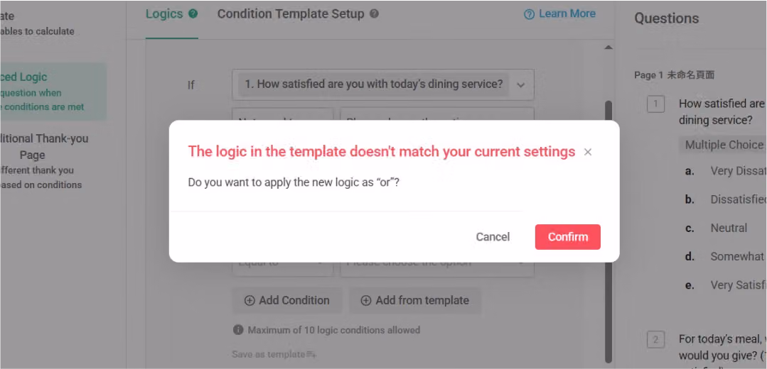 Confirmation dialog shown when the applied template's condition logic is inconsistent with the existing one