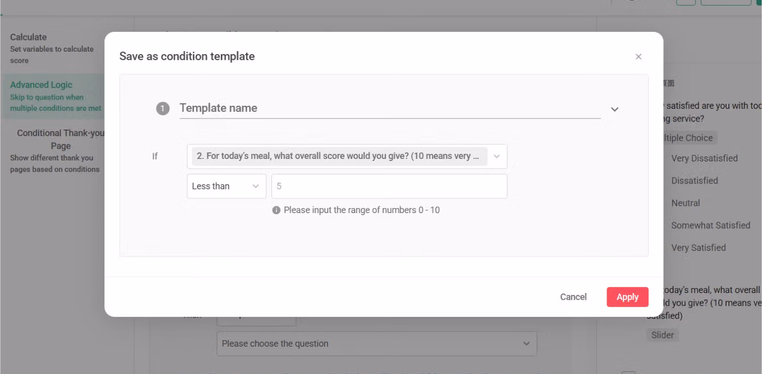 Save as conditional template popup with the Apply button used to save it