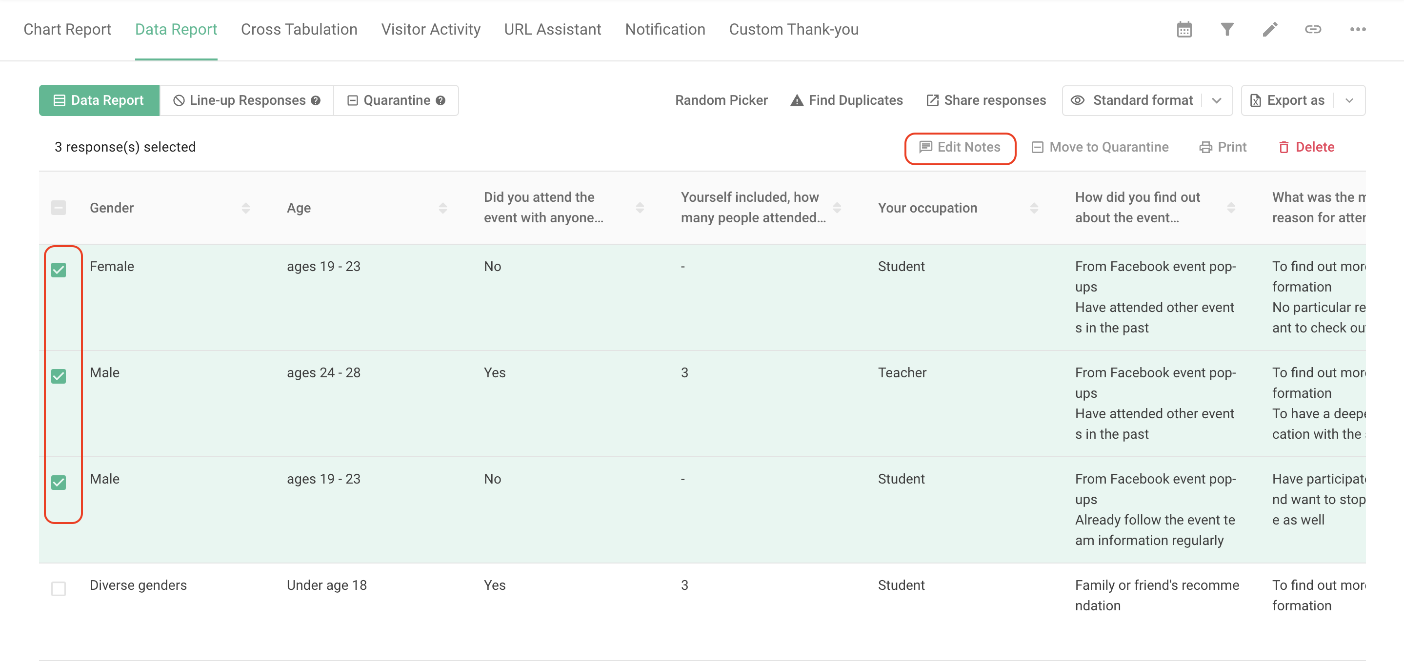Export file button location in the upper-right corner of the Data Report page