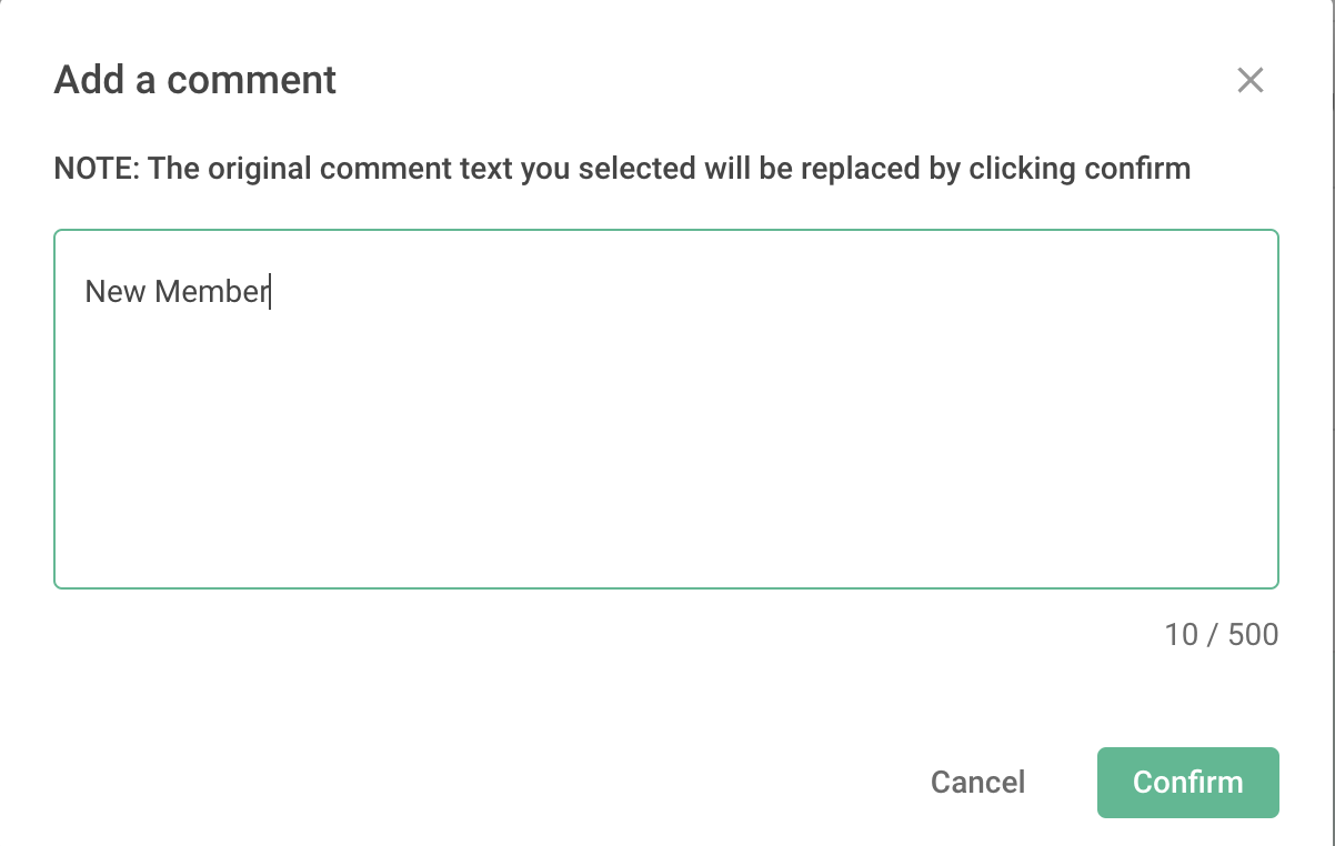 New note text displayed in the last column of the response data table
