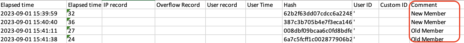 Exported response spreadsheet with the Comment column circled, showing New Member and Old Member notes on each row