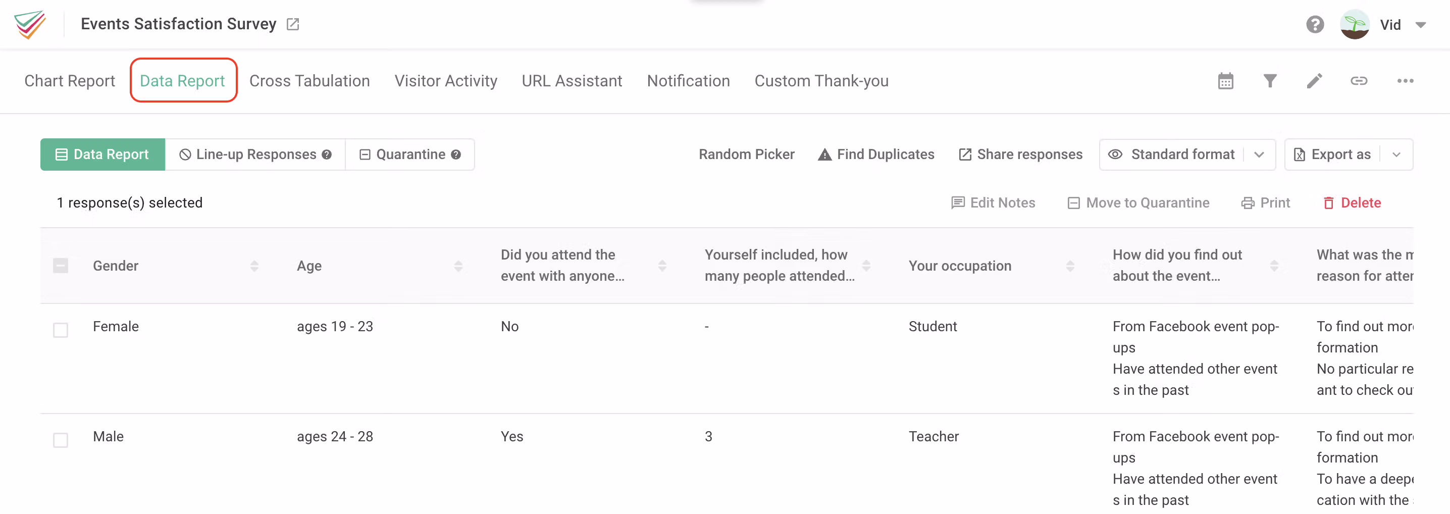 Data Report page showing a list of individual survey responses