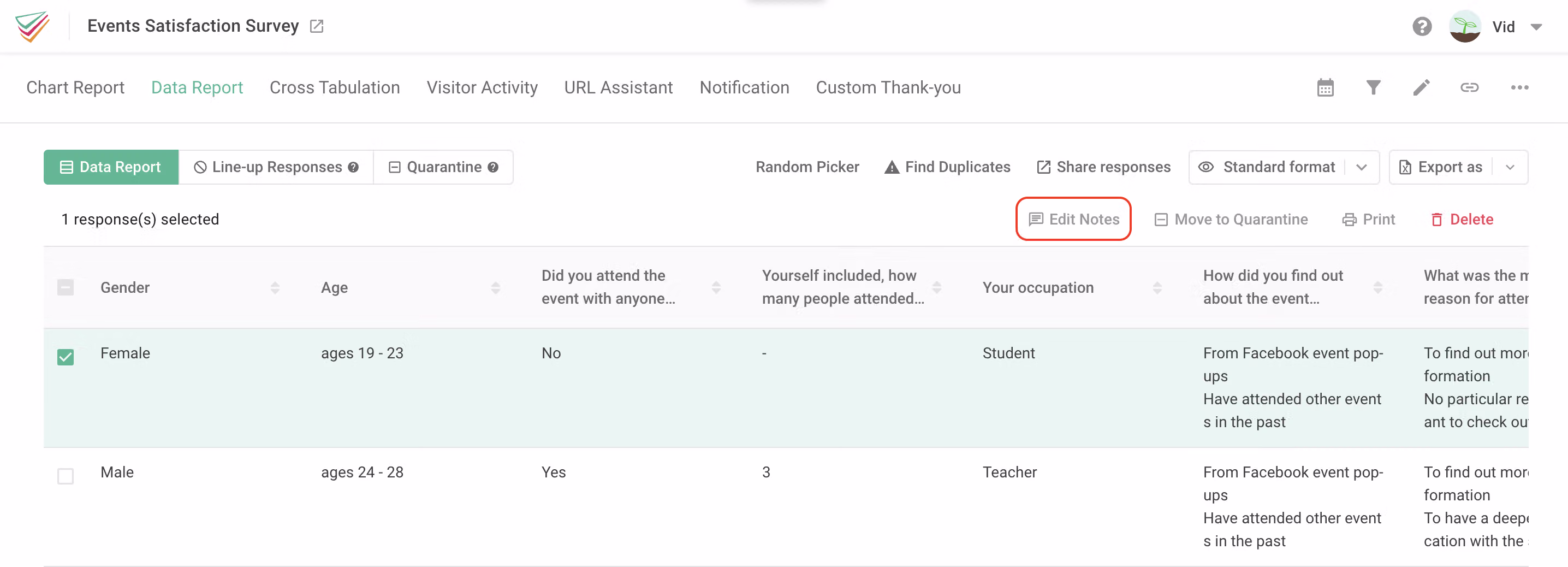 Function bar appearing after selecting a survey response, with the Edit Notes button clicked