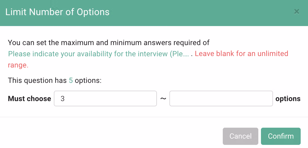 Limit Options setting where the minimum number of options a respondent must select is entered