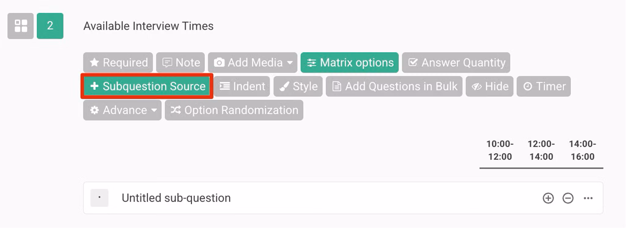 Checkbox Matrix question editor showing the Subquestion Source button being clicked in the function bar