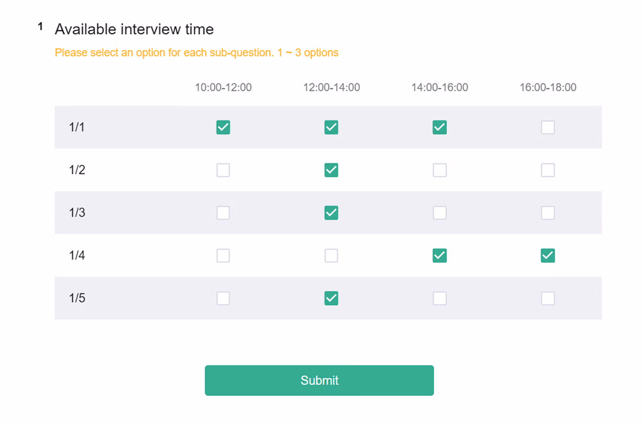 Survey response page showing the Checkbox Matrix question with dates and time slots for respondents to check