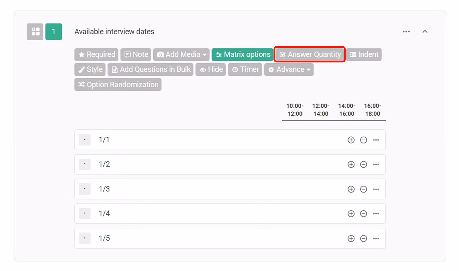 Checkbox Matrix question editor showing the Answer Quantity button being clicked in the function bar