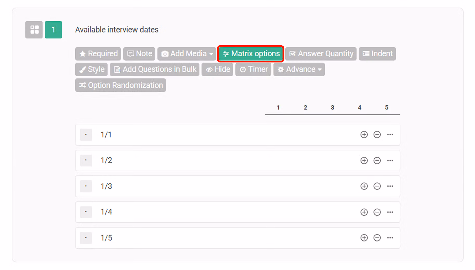 Checkbox Matrix question editor showing the Matrix Options button being clicked in the function bar