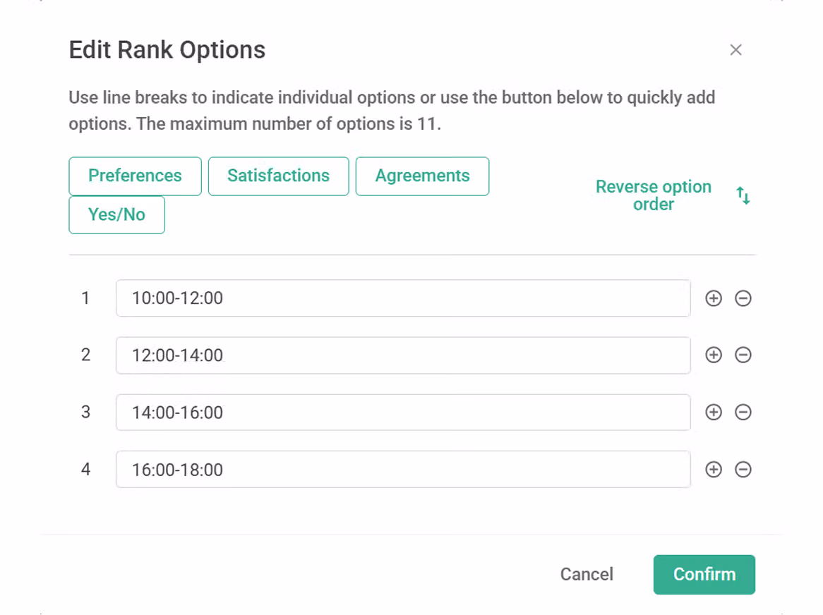Matrix Options setting with interview time slot options being entered