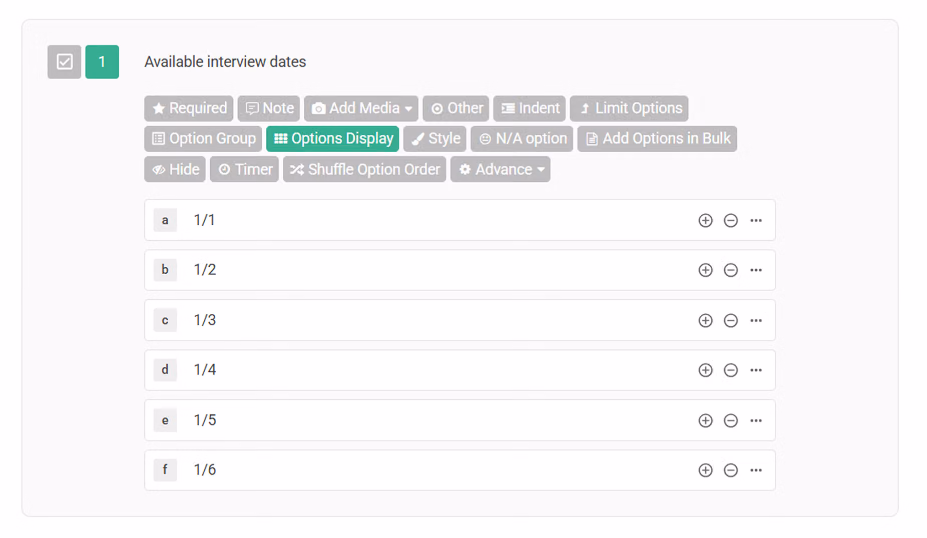 Editor for the first question using Checkboxes to ask respondents about available interview dates