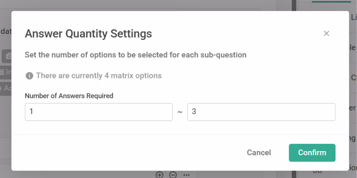 Answer Quantity setting with a minimum of 1 and maximum of 3 selections entered