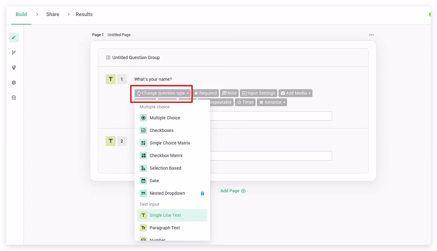 Change Question Type button clicked in the survey editor to open the list of available question types