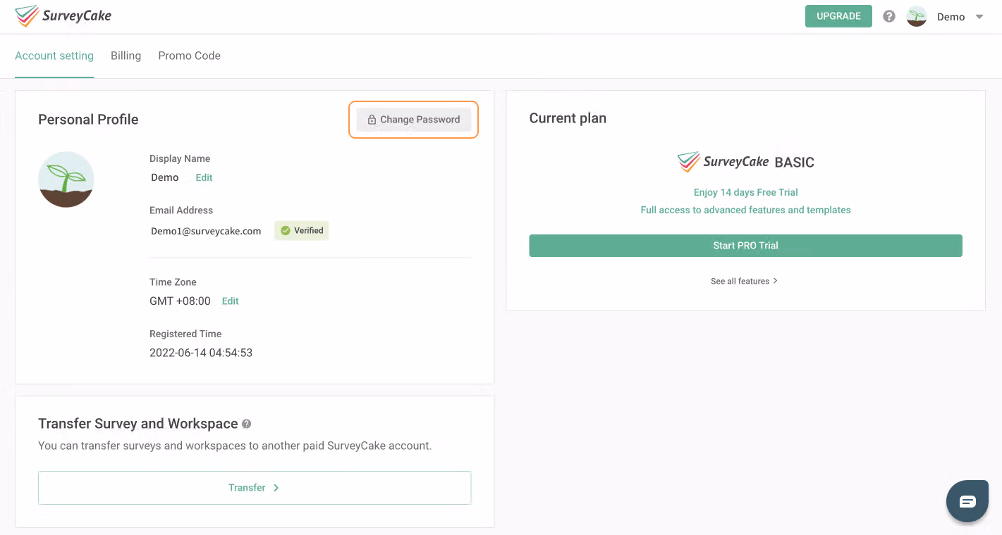 Change Password option on the Account Setting page with fields for old and new passwords