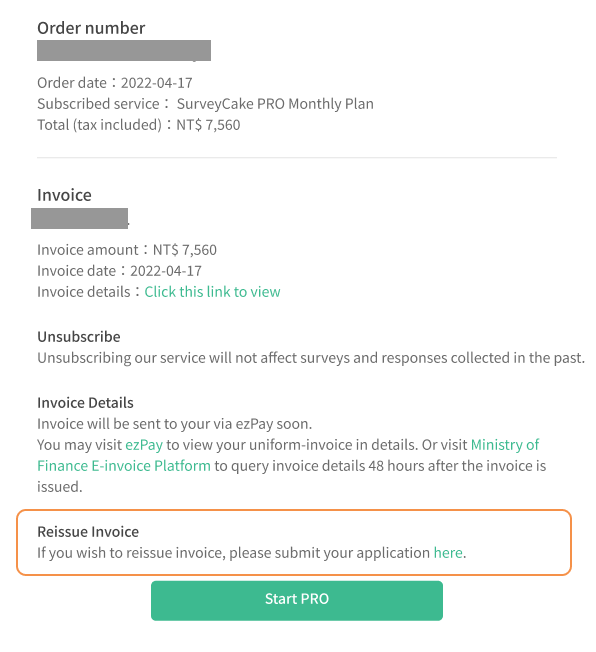 Invoice reissue notification email sent by the ezPay e-invoice platform