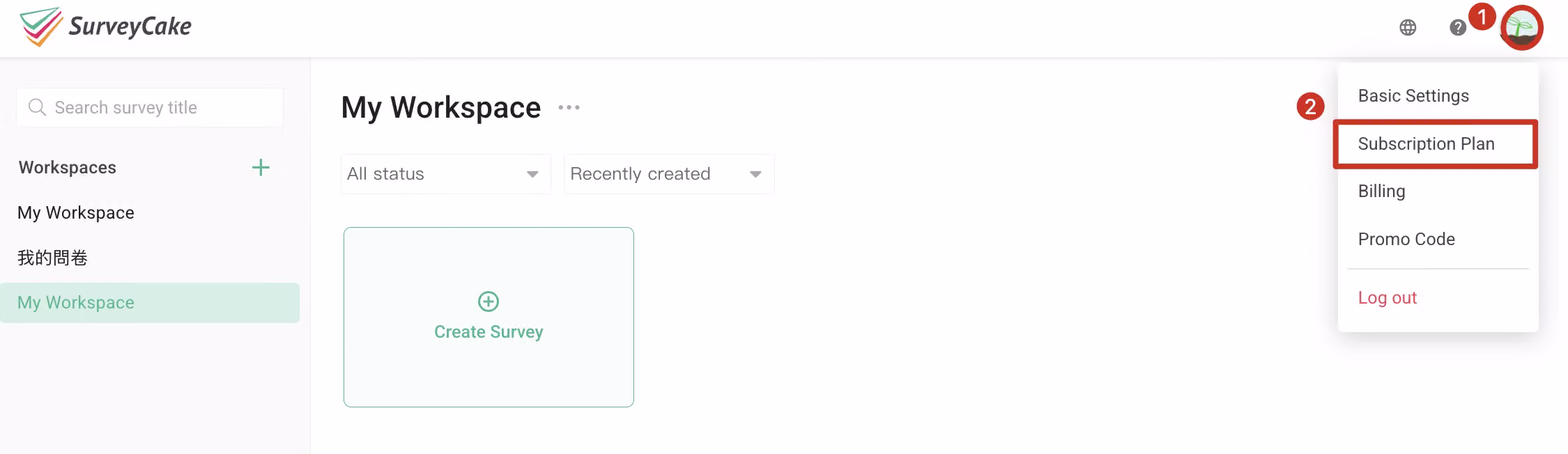 Account menu in the upper-right corner clicked to enter the Subscription Plan page