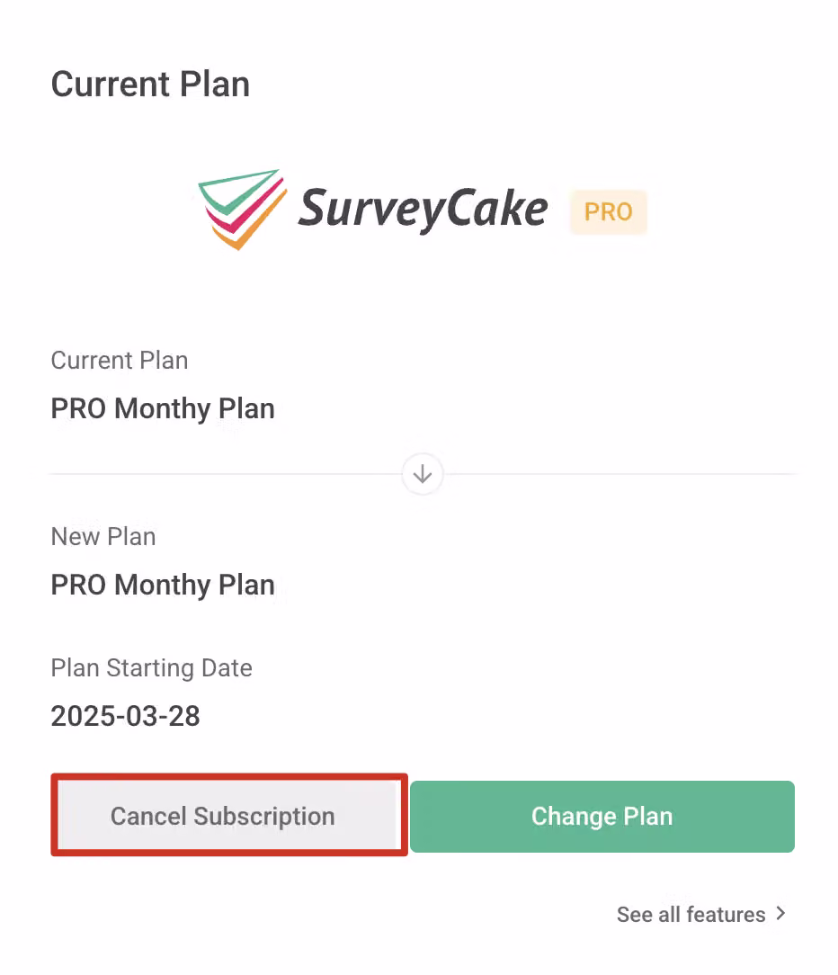 Cancel Subscription button in the Current Plan section of the Subscription Plan page
