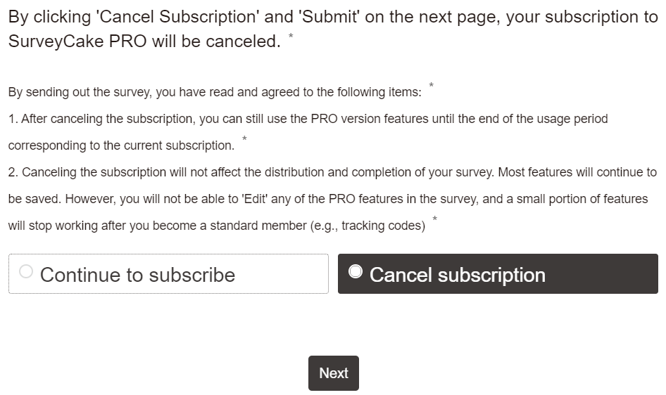 Cancellation survey with Cancel Subscription selected and submitted on the final question