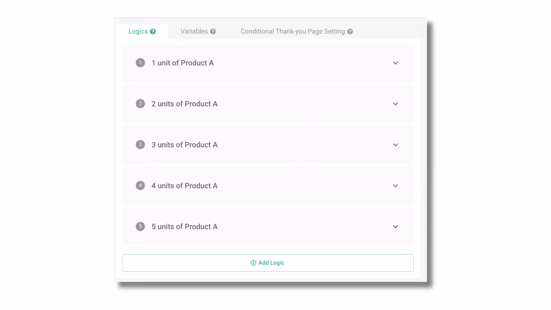 List of ten calculation logic rules covering quantities one through five for two products