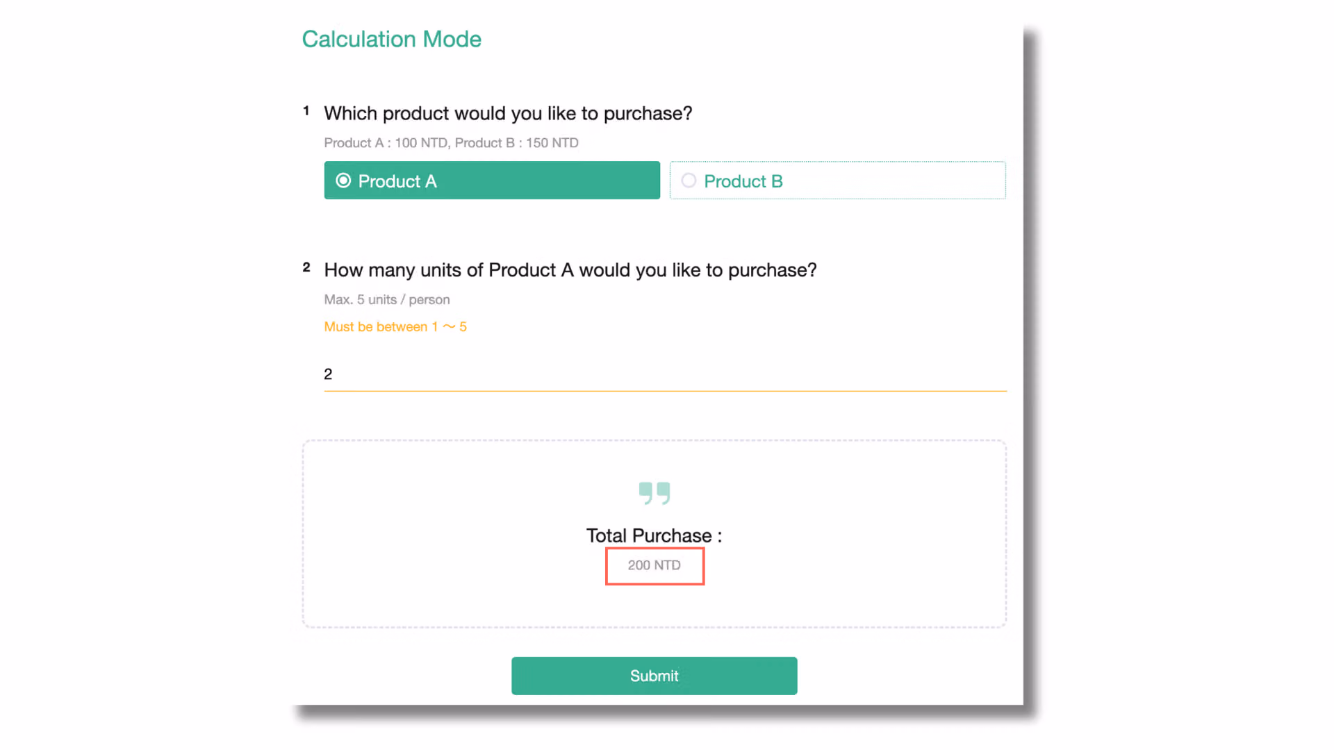 Calculation logic set up individually for each quantity scenario of every product