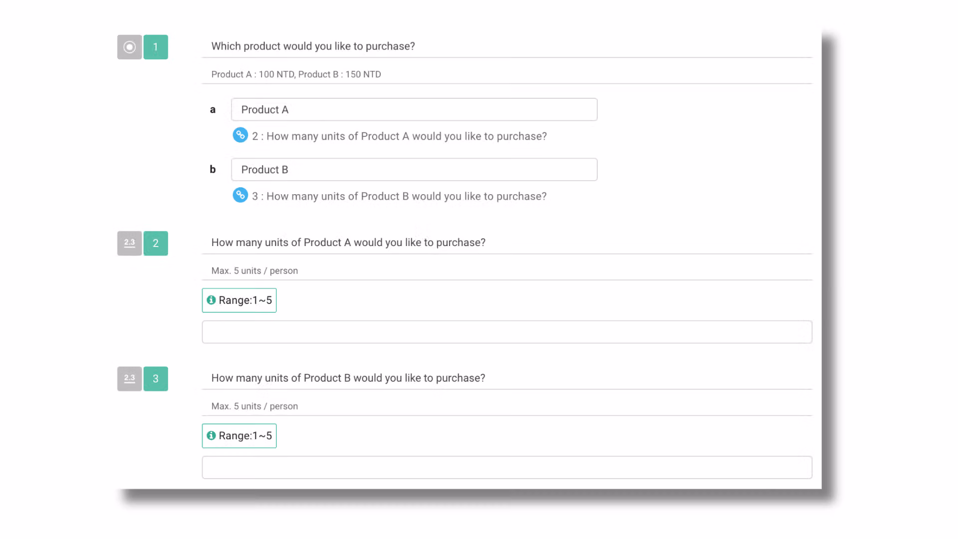 Product item selected with quantity entered, automatically showing the multiplied price and quantity result in the intro text